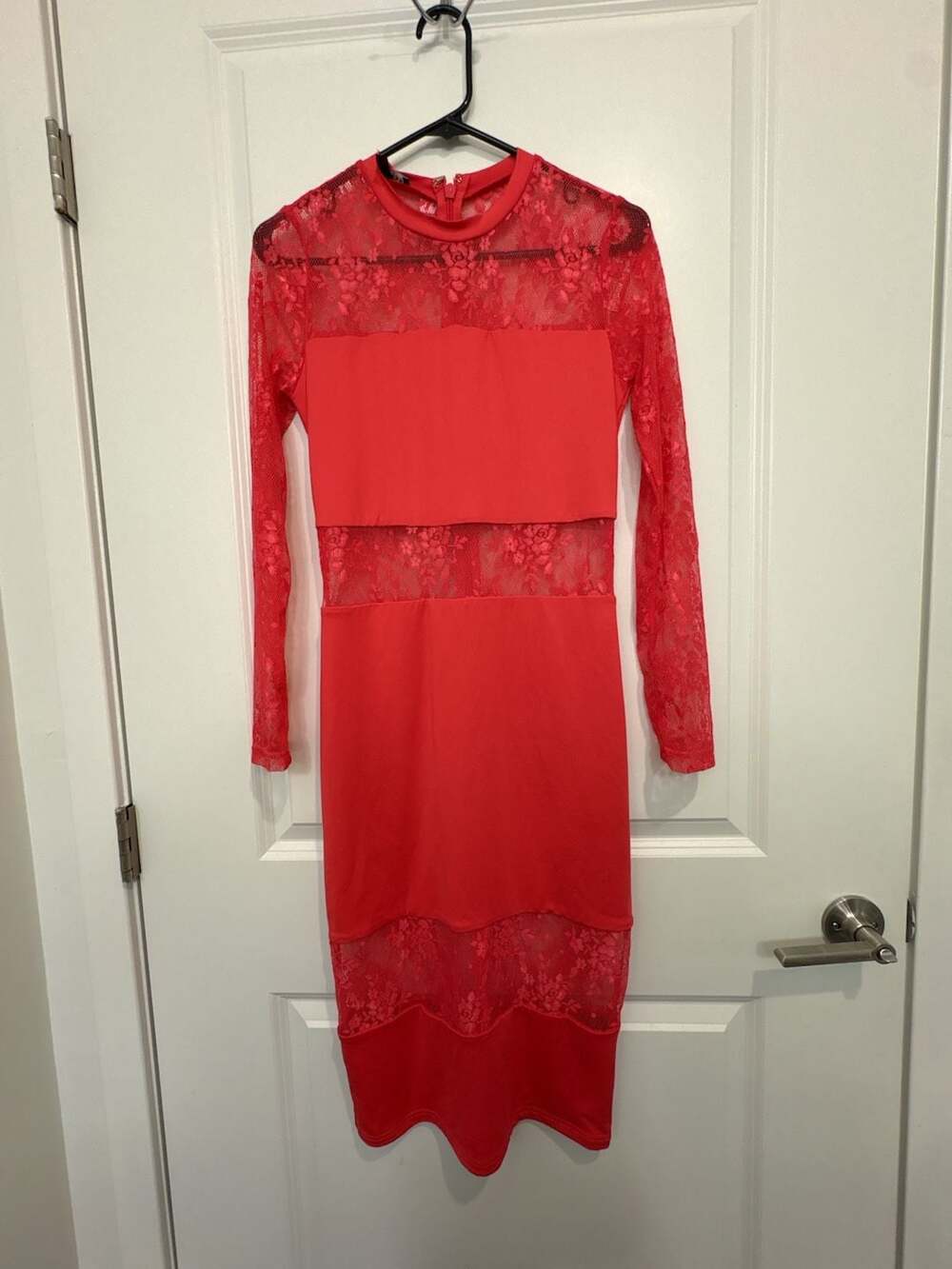 Mesh Crew Neck Long Sleeve Cutout Midi Sheath Dress